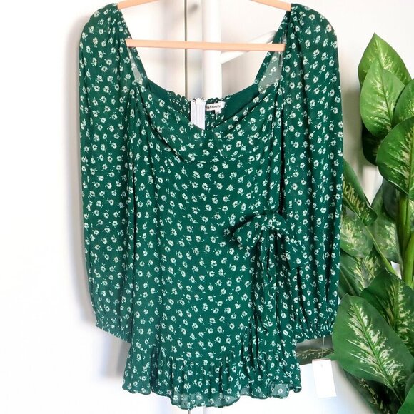 Reformation Green White Floral Bustier Long Sleeve Faux Wrap Mini Dress Size 4P - Picture 4 of 11